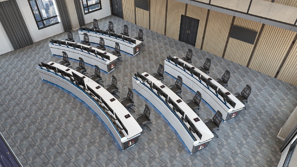 指挥中心控制台:豪华弧形设计,监控操作的未来感